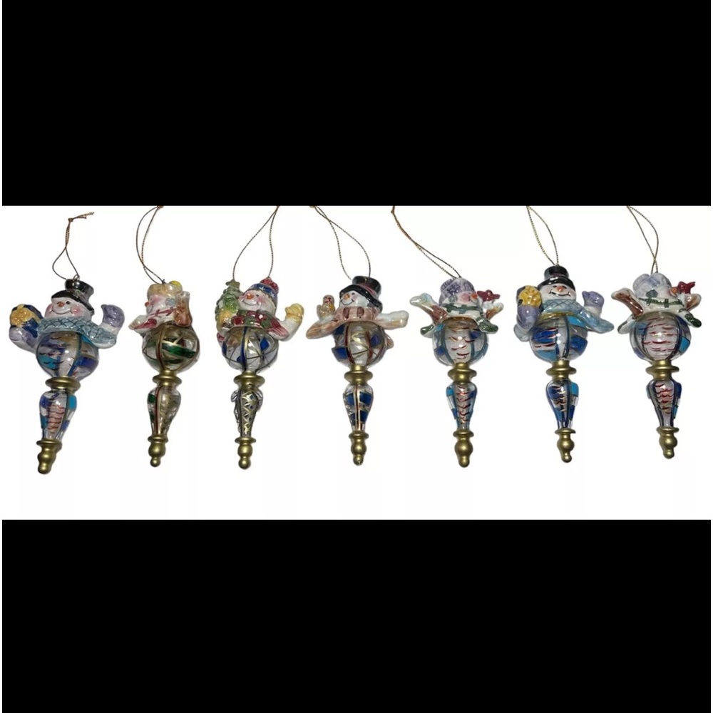 Vintage blown glass hand painted tear drop snowman Christmas ornaments set of 7